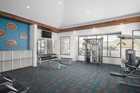 A gym with a variety of equipment including treadmills, weights, and exercise machines.