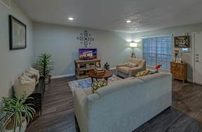 A living room with a couch, a chair, a coffee table, and a television.