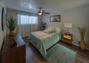 A bedroom with a bed, nightstand, and a plant.