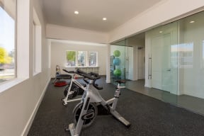 a home gym with a bike in the middle of the room