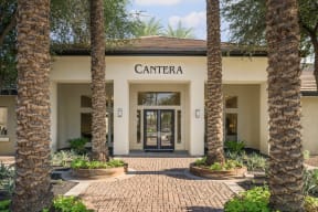 the entrance to the cantera building with palm trees