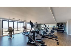 a room with a lot of exercise equipment and a view of the ocean
