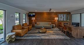 A living room with a wooden wall and a grey couch.