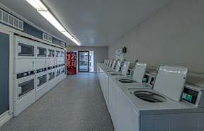 A row of white ovens are lined up in a room.
