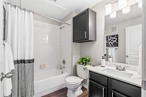 a bathroom with a sink toilet and a bath tub
