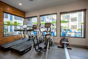A gym with treadmills, elliptical machines, and a stationary bike.