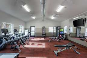 A gym with treadmills, weights, and exercise equipment.