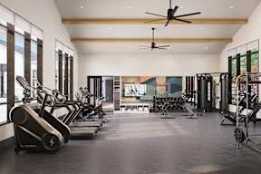 A gym with treadmills, elliptical machines, and weights.