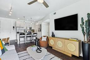 A living room with a couch, a chair, a coffee table, a television, and a cactus.