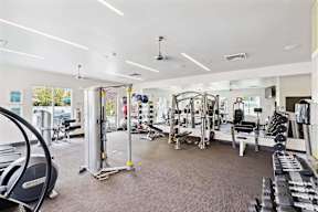 A gym with a variety of equipment including treadmills, weights, and exercise machines.