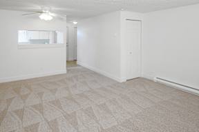 A room with a carpeted floor and a ceiling fan.