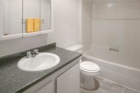 A bathroom with a sink, toilet and bathtub.