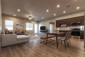 a kitchen and living room with a table and chairs