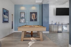a games room with a pool table and a tv