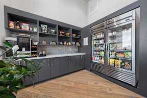 A modern kitchen with a refrigerator, shelves, and a plant.