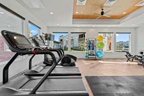 a gym with treadmills and other exercise equipment with a view of the yard