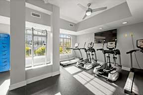 A gym with exercise equipment and a fan.