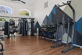A gym with a variety of equipment including weights and machines.