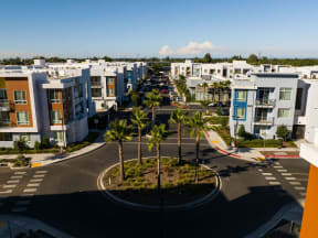 an aerial view of a row of apartment buildings with palm trees