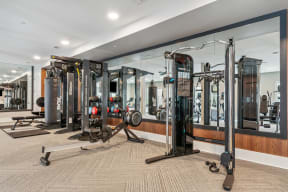 a gym with cardio equipment and mirrors in a home