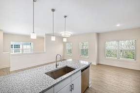 A kitchen with a granite countertop and a sink.
