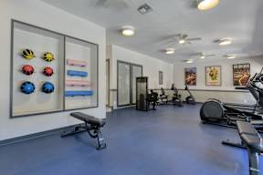 A gym with a variety of equipment including treadmills, weights, and exercise balls.