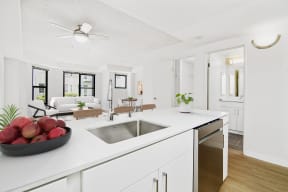 a kitchen with a sink and a bowl of fruit