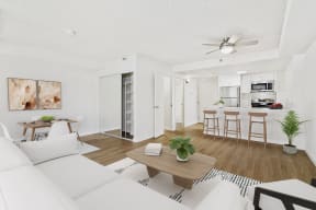 a living room with a couch and a table