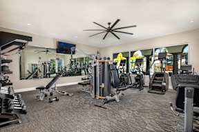 A spacious gym with a variety of equipment including treadmills, weights, and exercise machines.