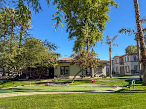 A green lawn with a building in the background.