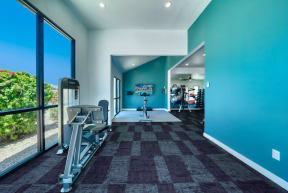 a home gym with blue walls and a large window
