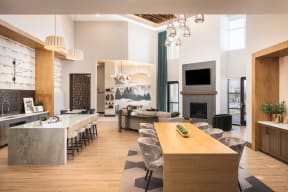 a living room with a dining room and a kitchen