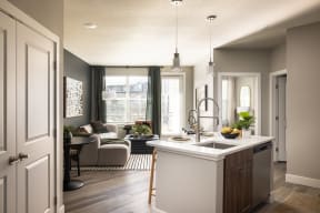 a kitchen and living room in a home
