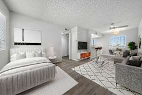 A modern bedroom with a large bed and a living area with a couch.