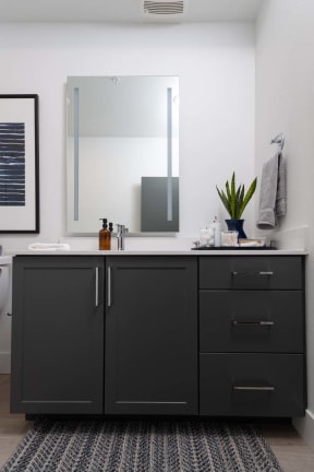 a black and white bathroom with a sink and mirror