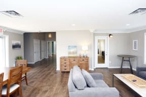a living room with a couch and a table