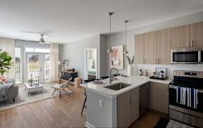 Kitchen and living room view at Alta Davis, Durham, NC