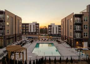 Pool view at sunset at Alta Davis, Durham, North Carolina