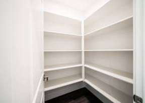 a walk in closet in a home with empty shelves