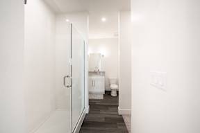 a white bathroom with a shower and a toilet