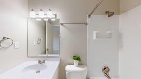 a white bathroom with a shower and a sink and a mirror