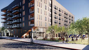 a rendering of a building with people walking in front of it