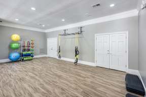 a workout room with weights and a swing set in a home gym