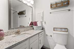 A bathroom with a white toilet and a mirror above the sink.