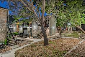 A tree in a yard with a house in the background.