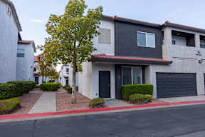 A tree in front of a grey house with a black garage door.