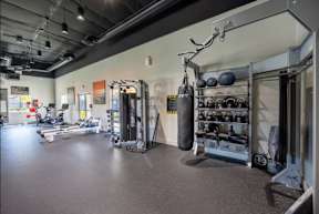 A gym with a variety of equipment including weights and a treadmill.