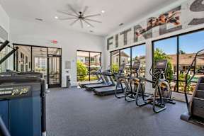 A gym with treadmills, elliptical machines, and a fan.