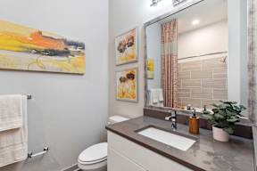 A bathroom with a toilet, sink, mirror, and a painting on the wall.