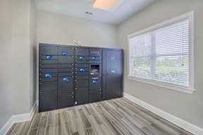 A room with a LUXE branded storage unit.